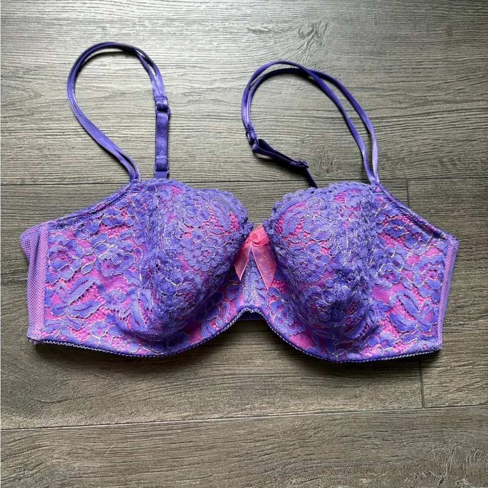 b.tempt'd Womens Purple Floral Lace Balconette Bra Underwire Size 36D